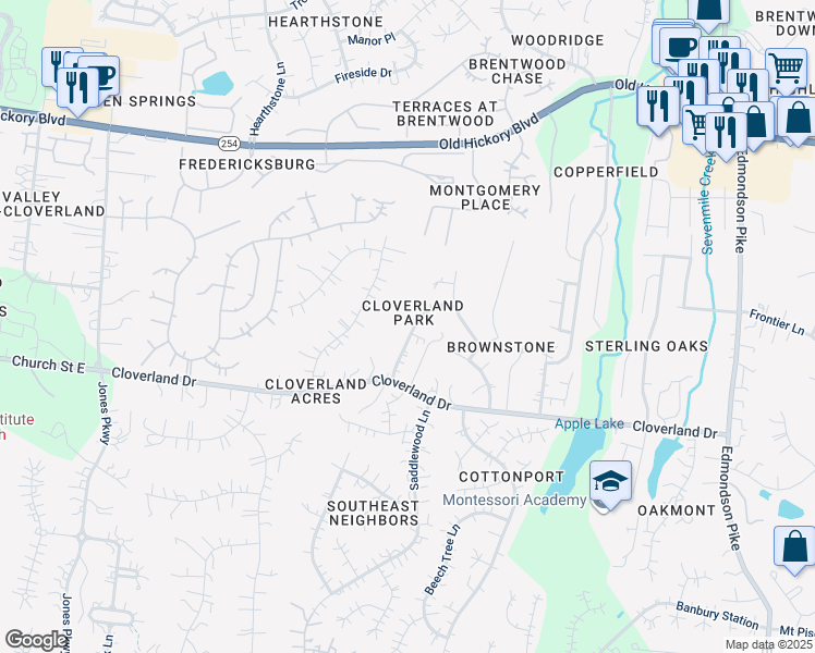 map of restaurants, bars, coffee shops, grocery stores, and more near 5625 Cloverland Park Drive in Brentwood