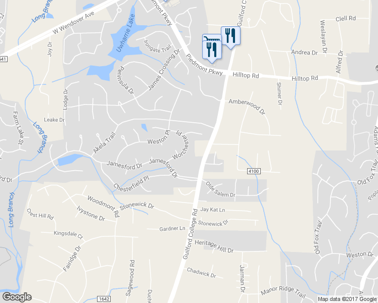 map of restaurants, bars, coffee shops, grocery stores, and more near 4833 Worchester Place in Jamestown