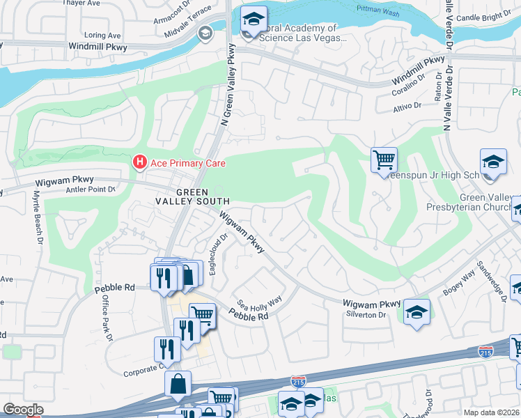 map of restaurants, bars, coffee shops, grocery stores, and more near 2143 Eaglepath Circle in Henderson