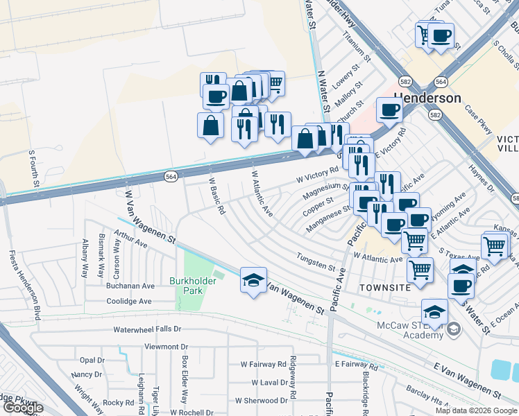 map of restaurants, bars, coffee shops, grocery stores, and more near 322 West Atlantic Avenue in Henderson