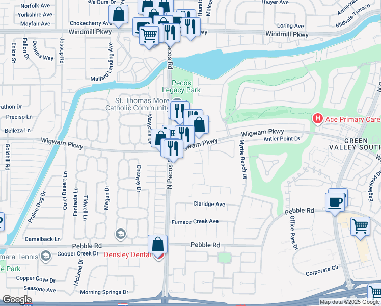 map of restaurants, bars, coffee shops, grocery stores, and more near 2562 Wigwam Parkway in Henderson