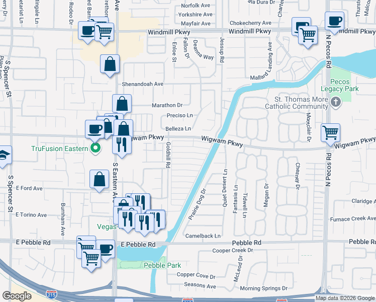 map of restaurants, bars, coffee shops, grocery stores, and more near 2815 Misty Grove Drive in Henderson