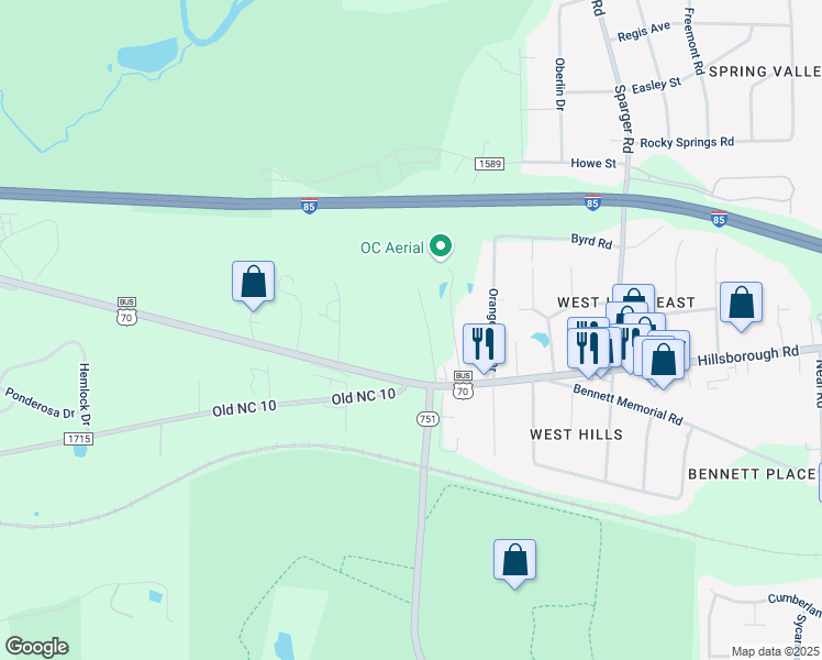 map of restaurants, bars, coffee shops, grocery stores, and more near 4920 Hillsborough Road in Durham