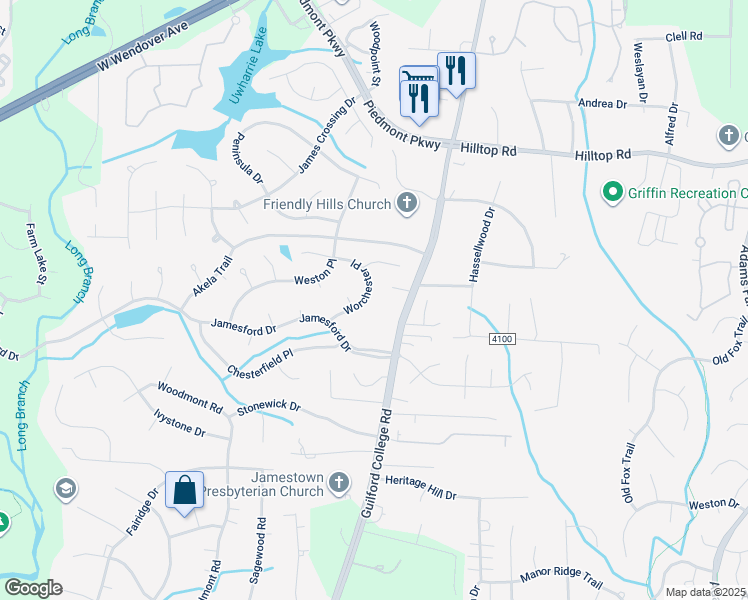map of restaurants, bars, coffee shops, grocery stores, and more near 4833 Worchester Place in Jamestown