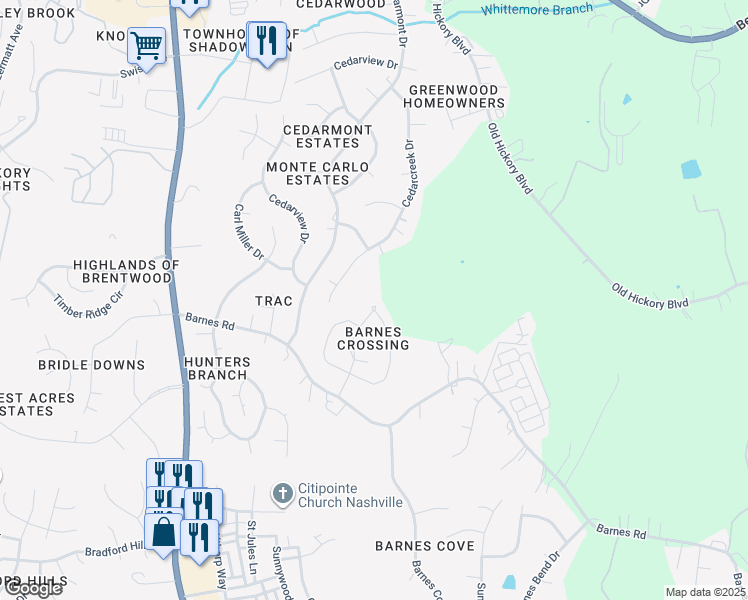 map of restaurants, bars, coffee shops, grocery stores, and more near 1799 Red Jacket Drive in Nashville