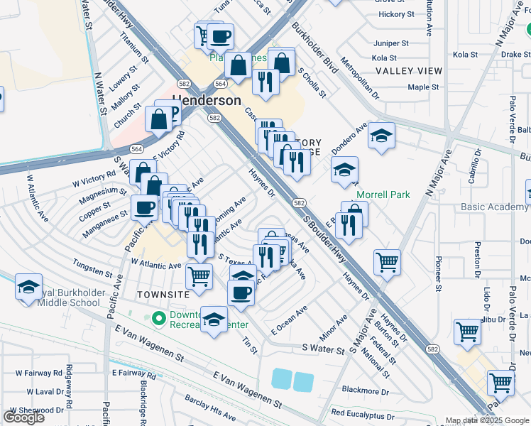 map of restaurants, bars, coffee shops, grocery stores, and more near 67 Oklahoma Drive in Henderson