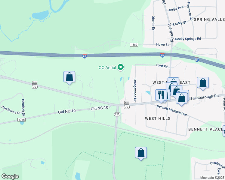 map of restaurants, bars, coffee shops, grocery stores, and more near 4920 Hillsborough Road in Durham