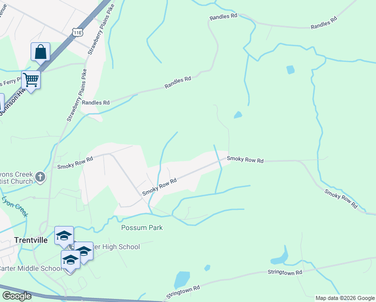 map of restaurants, bars, coffee shops, grocery stores, and more near 9603 Smoky Row Road in Strawberry Plains