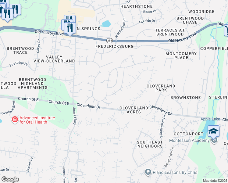 map of restaurants, bars, coffee shops, grocery stores, and more near 4716 Potomac Lane in Brentwood