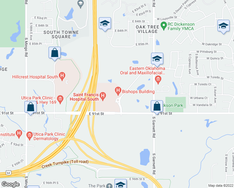 map of restaurants, bars, coffee shops, grocery stores, and more near 10507 East 91st Street in Tulsa