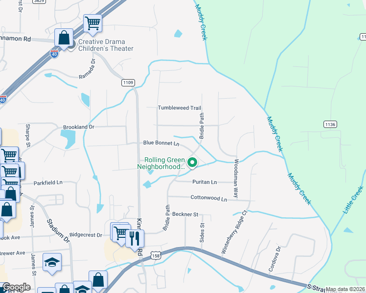 map of restaurants, bars, coffee shops, grocery stores, and more near 6031 Blue Bonnet Lane in Winston-Salem