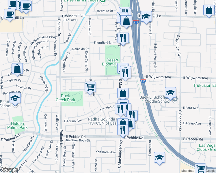 map of restaurants, bars, coffee shops, grocery stores, and more near 1120 Little Rock Way in Las Vegas