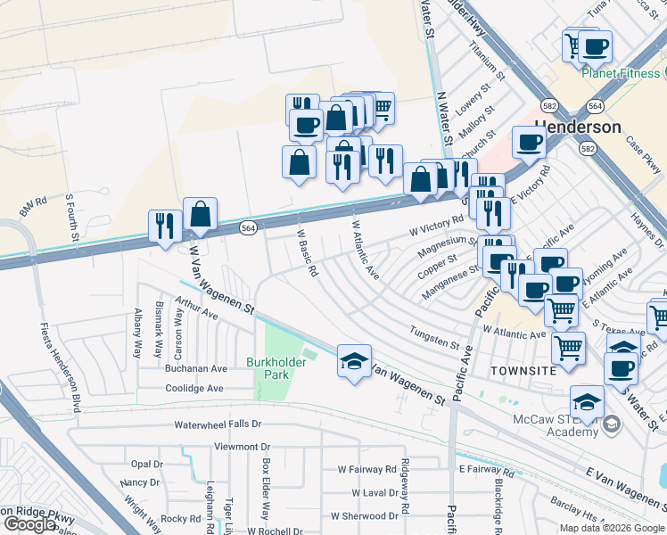 map of restaurants, bars, coffee shops, grocery stores, and more near 346 Tungsten Street in Henderson