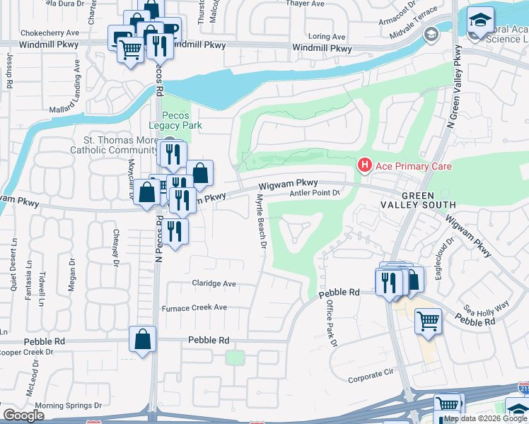map of restaurants, bars, coffee shops, grocery stores, and more near 86 Myrtle Beach Drive in Henderson
