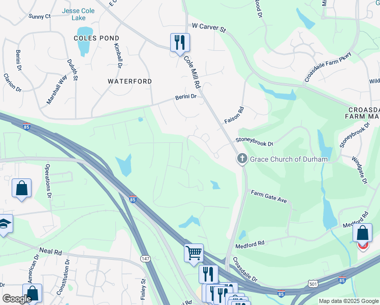 map of restaurants, bars, coffee shops, grocery stores, and more near 305 Brook Chase Lane in Durham