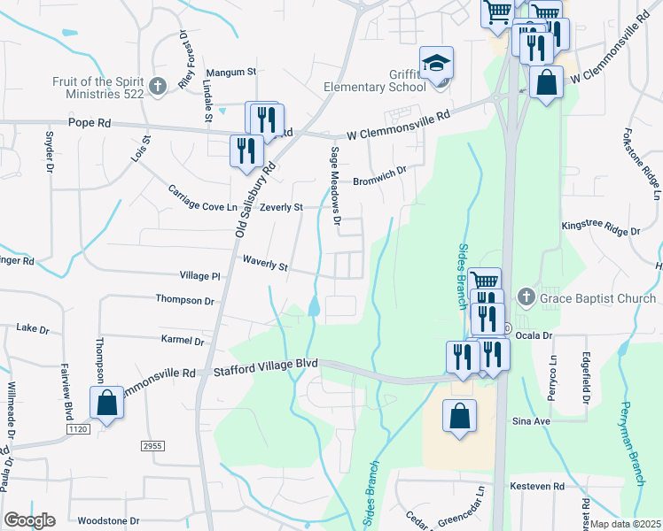 map of restaurants, bars, coffee shops, grocery stores, and more near 2325 Waverly Crossing Road in Winston-Salem