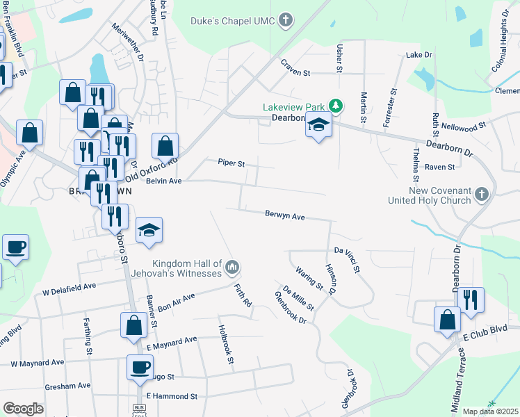 map of restaurants, bars, coffee shops, grocery stores, and more near 715 Berwyn Avenue in Durham