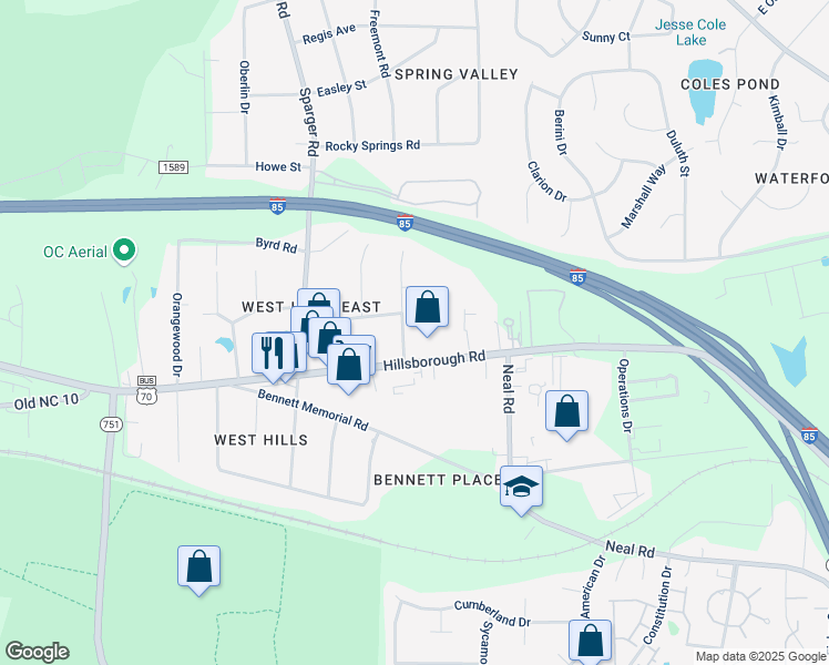 map of restaurants, bars, coffee shops, grocery stores, and more near 4535 Hillsborough Road in Durham