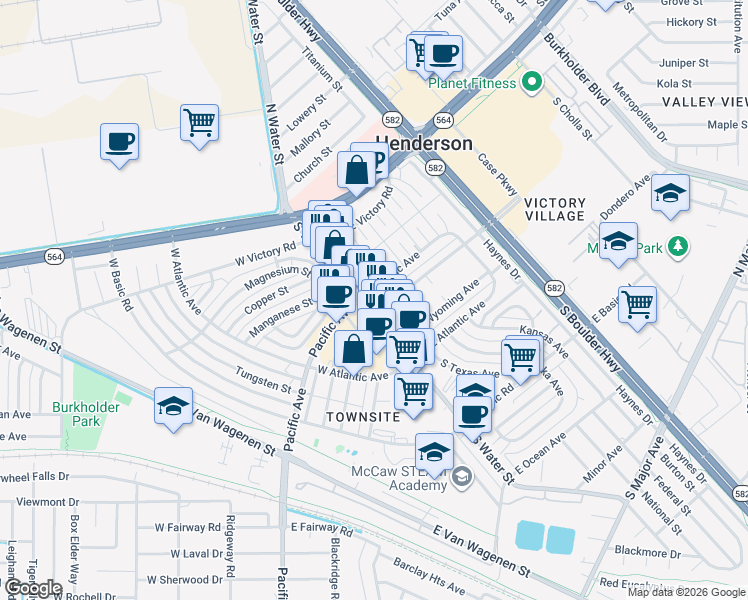 map of restaurants, bars, coffee shops, grocery stores, and more near 107 South Water Street in Henderson