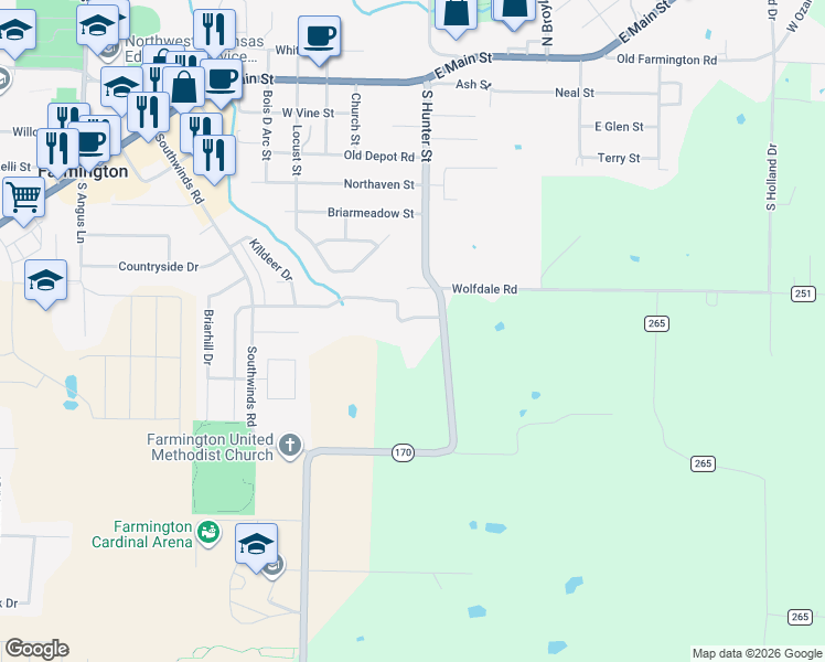 map of restaurants, bars, coffee shops, grocery stores, and more near 32 West Rainsong Street in Farmington