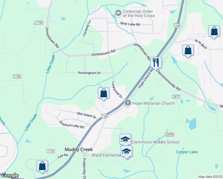 map of restaurants, bars, coffee shops, grocery stores, and more near 2740 Lockwood Drive in Winston-Salem