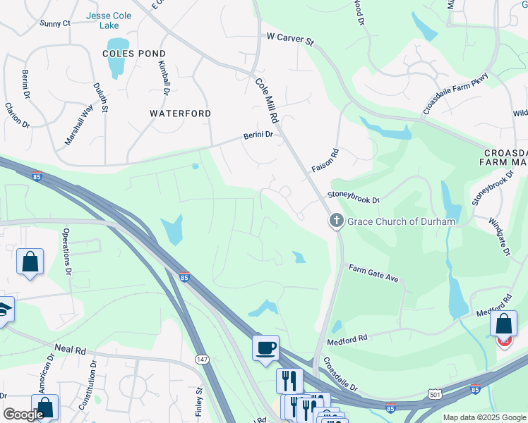 map of restaurants, bars, coffee shops, grocery stores, and more near 305 Brook Chase Lane in Durham