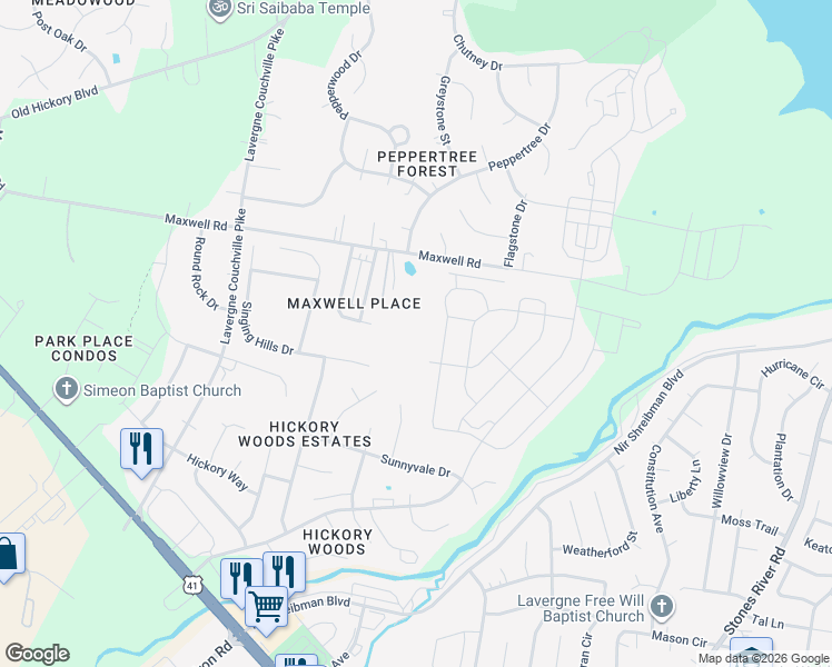 map of restaurants, bars, coffee shops, grocery stores, and more near 4291 Maxwell Road in Nashville