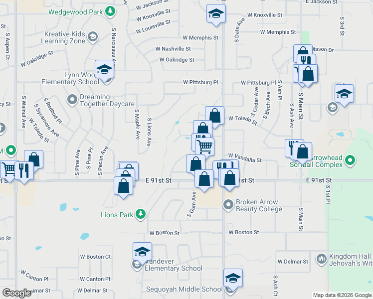 map of restaurants, bars, coffee shops, grocery stores, and more near 1604 South Gum Avenue in Broken Arrow
