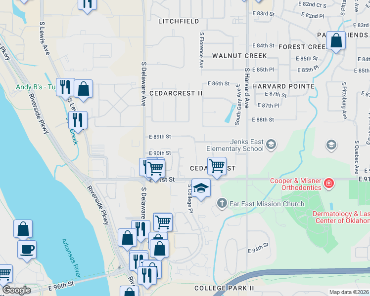 map of restaurants, bars, coffee shops, grocery stores, and more near 2866 East 89th Street in Tulsa