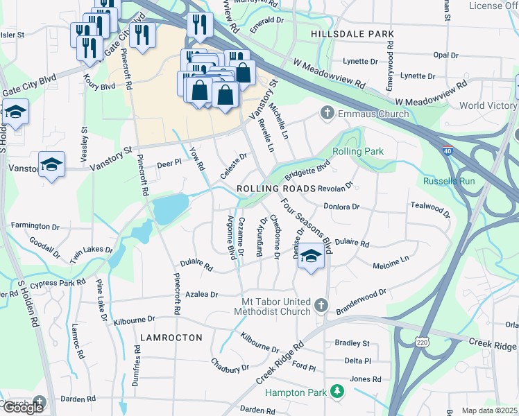 map of restaurants, bars, coffee shops, grocery stores, and more near 2500 Cherbonne Drive in Greensboro