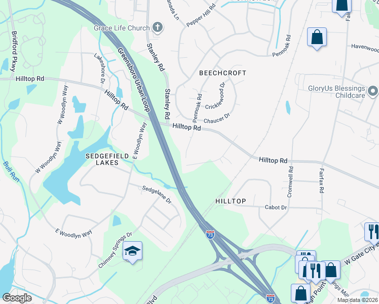 map of restaurants, bars, coffee shops, grocery stores, and more near 5199 Pennoak Road in Greensboro