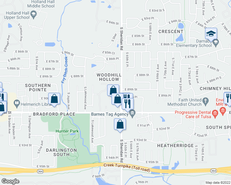 map of restaurants, bars, coffee shops, grocery stores, and more near 8917 South Maplewood Avenue in Tulsa