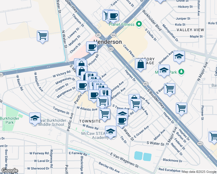 map of restaurants, bars, coffee shops, grocery stores, and more near 132 East Pacific Avenue in Henderson
