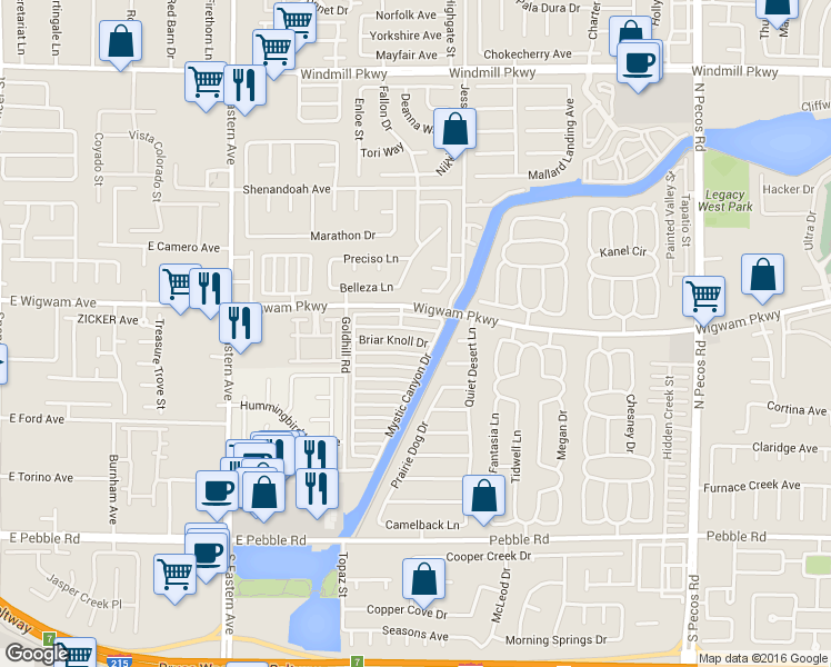 map of restaurants, bars, coffee shops, grocery stores, and more near 2815 Misty Grove Drive in Henderson
