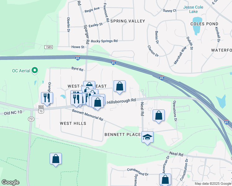 map of restaurants, bars, coffee shops, grocery stores, and more near 4535 Hillsborough Road in Durham