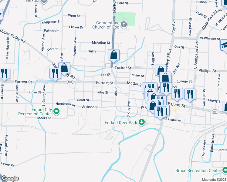 map of restaurants, bars, coffee shops, grocery stores, and more near 112 North Fowlkes Avenue in Dyersburg