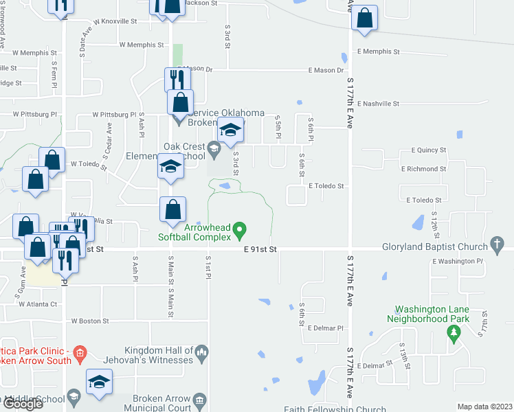 map of restaurants, bars, coffee shops, grocery stores, and more near 1668 South Poplar Avenue West in Broken Arrow