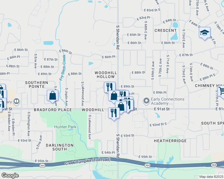 map of restaurants, bars, coffee shops, grocery stores, and more near 8917 South Maplewood Avenue in Tulsa