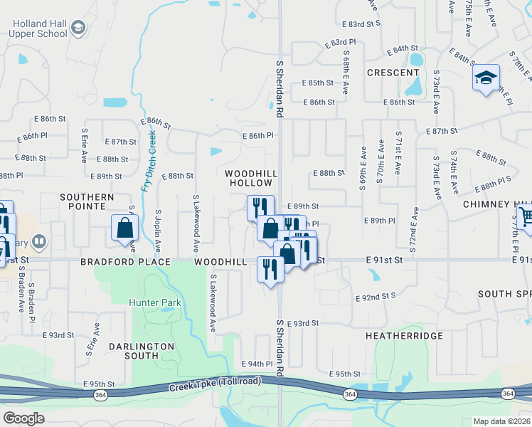 map of restaurants, bars, coffee shops, grocery stores, and more near 8917 South Maplewood Avenue in Tulsa