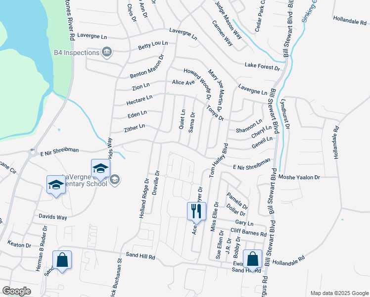 map of restaurants, bars, coffee shops, grocery stores, and more near 302 Sarna Drive in La Vergne
