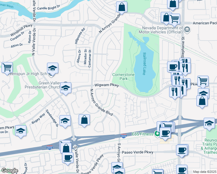map of restaurants, bars, coffee shops, grocery stores, and more near 76 Desert Rain Lane in Henderson