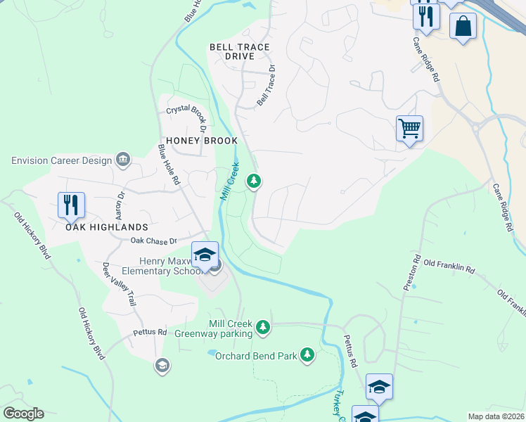 map of restaurants, bars, coffee shops, grocery stores, and more near 5580 Hickory Park Drive in Nashville