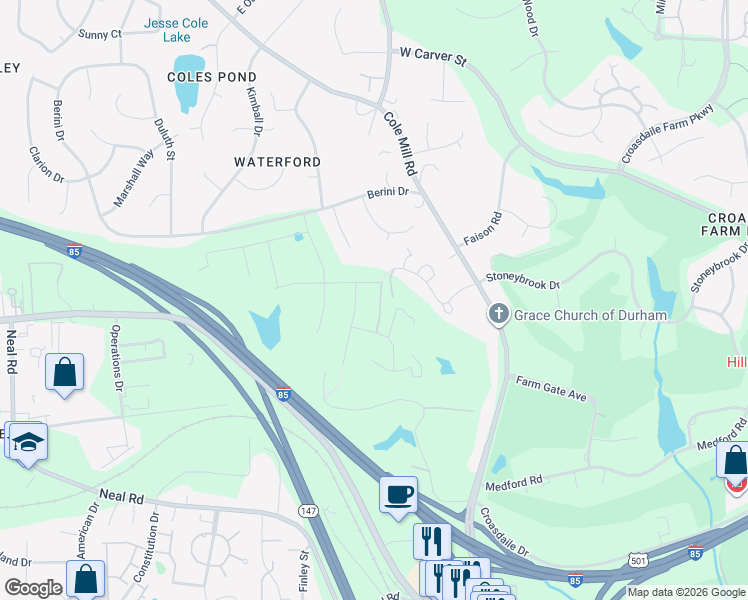 map of restaurants, bars, coffee shops, grocery stores, and more near 406 Tumble Rock Drive in Durham