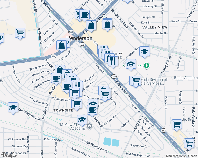 map of restaurants, bars, coffee shops, grocery stores, and more near 75 East Atlantic Avenue in Henderson
