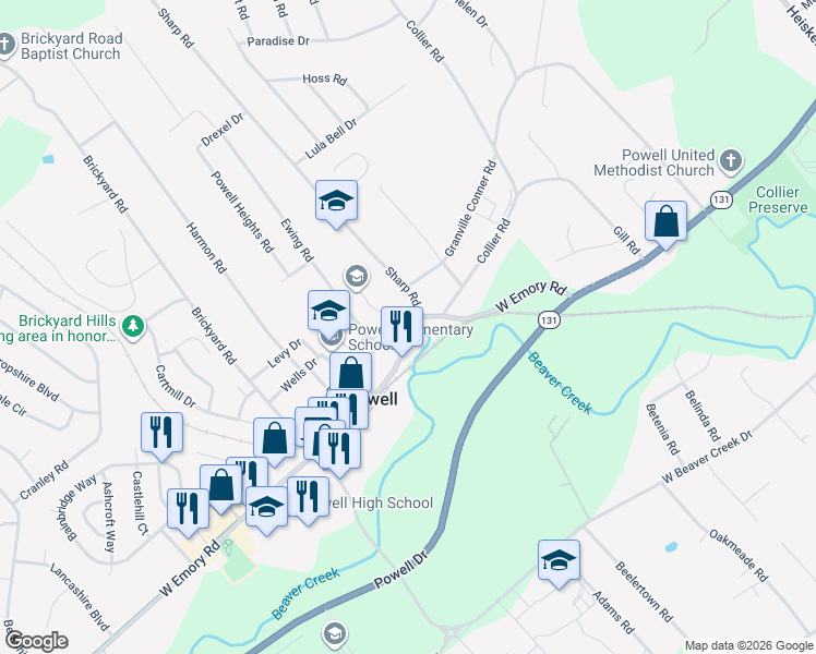 map of restaurants, bars, coffee shops, grocery stores, and more near 1307 West Emory Road in Powell