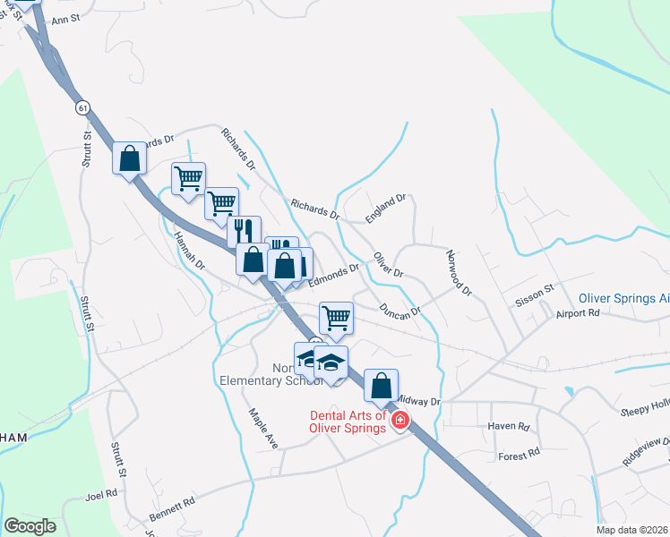 map of restaurants, bars, coffee shops, grocery stores, and more near 123 Foxwood Circle in Oliver Springs