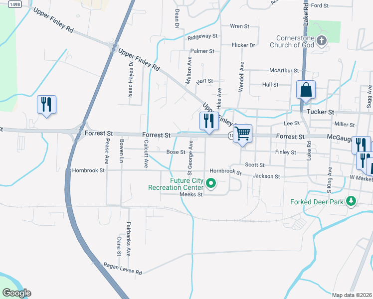 map of restaurants, bars, coffee shops, grocery stores, and more near 113 Saint George Avenue in Dyersburg