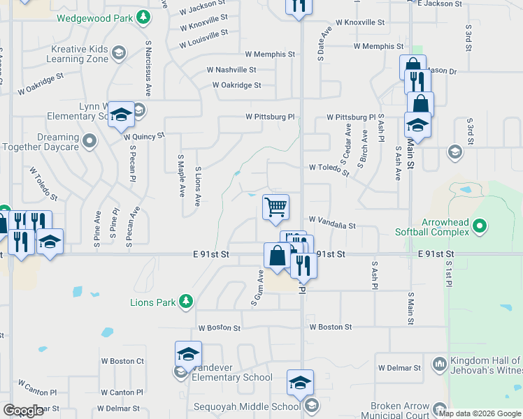 map of restaurants, bars, coffee shops, grocery stores, and more near 1604 South Gum Avenue in Broken Arrow