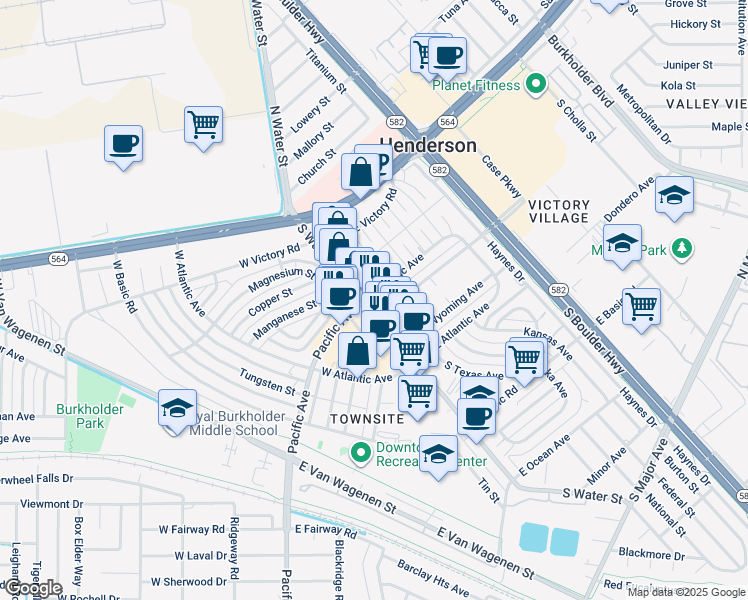 map of restaurants, bars, coffee shops, grocery stores, and more near 107 South Water Street in Henderson