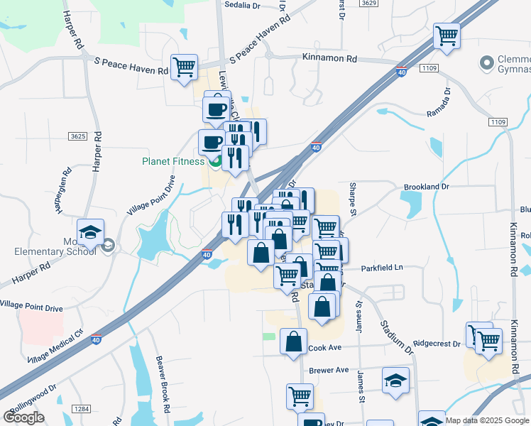 map of restaurants, bars, coffee shops, grocery stores, and more near Lewisville Clemmons Road in Winston-Salem